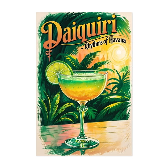 Classic Daiquiri Print: Timeless Cuban Cocktail - Havana Cuba Illustration Cocktail Tropical Vintage Poster Jungle Travel Poster Typography Fruit Unframed Wall Art Print 4 x 6 inches