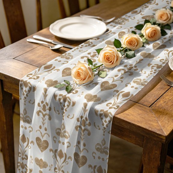 Classic Damask 4.5 ft Cheesecloth Table Runner for Wedding 19"x55", French Country Caramel Heart Scroll Foliage Kitchen Dinner Sheer Tulle Chiffon Dresser Scarf, Holiday Party Decorations