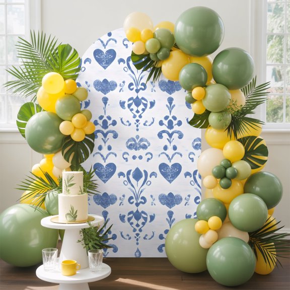 Classic Damask Arch Backdrop Cover, 4FT, French Country Blue Heart Scroll Foliage Spandex Arch Covers Double-Sided Backdrop for Wedding Birthday Party Photo Background Decoration