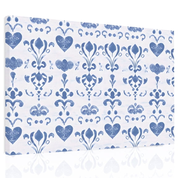 Classic Damask Canvas Print Wall Art, French Country Blue Heart Scroll Foliage Wall Decor Framed Artwork Paintings Pictures for Living Room Bedroom Stretched Ready to Hang, 24" x 32"