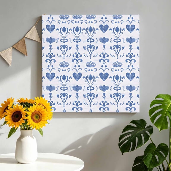 Classic Damask Canvas Wall Art for Living Room, French Country Blue Heart Scroll Foliage Poster Print Painting for Bedroom Office Home Decoration Wall Pictures Prepare To Hang 16"x16"