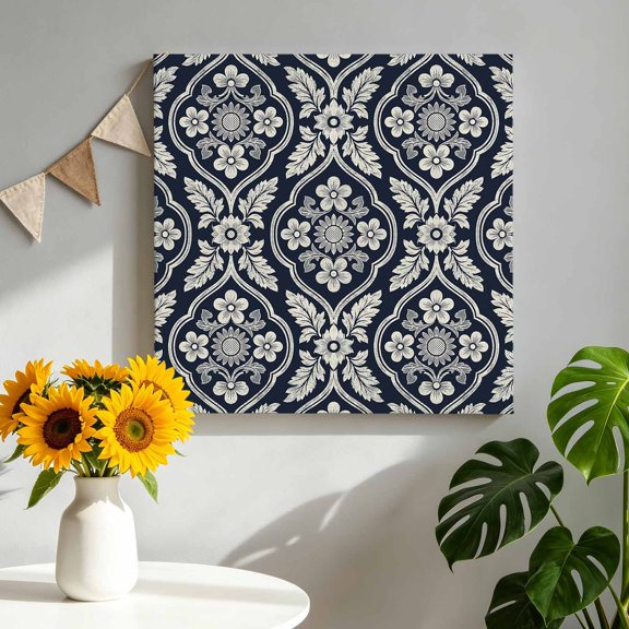Classic Damask Canvas Wall Art, Vintage Leaves Scrolls Navy Blue Pictures Wall Decor Wooden Framed Artwork Art Prints for Living Room Hallway Bedroom Office 8"x8"