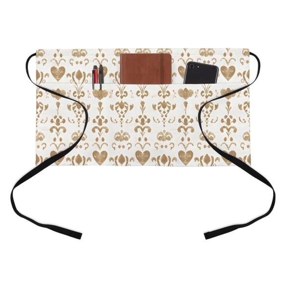 Classic Damask Kitchen Restaurant Half Waist Apron, French Country Caramel Heart Scroll Foliage Server Short Apron with 3 Pockets Waterproof Oil Waist Aprons for Women Waitress Waiter