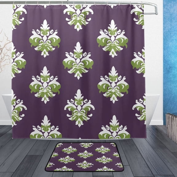 Classic Damask Pattern Bathroom Accessory Sets Waterproof Shower Curtain with Anti-Slip Bath Mat Durable Combo