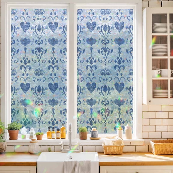 Classic Damask Window Privacy Film French Country Blue Heart Scroll Foliage Static Cling Stained Glass Window Film Non-Adhesive Decorative Decals Rainbow Sticker 17.7"X39.3"