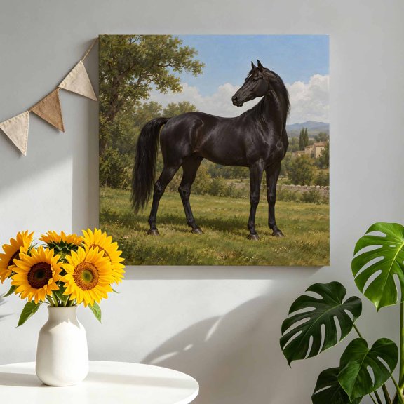 Classic Dark Horse Canvas Wall Art, Vintage Rural Meadow Wildlife Distant Hills Painting Pictures Print Framed Canvas Wall Decor Artwork Decorations Ready to Hang for Living Room Bedroom 8"x8"