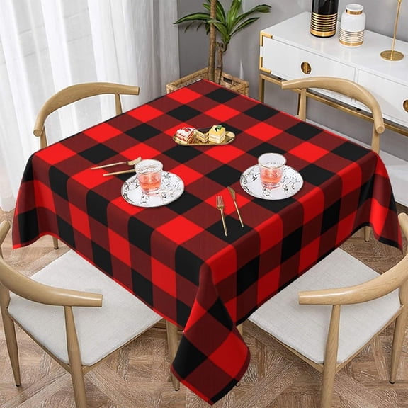 Classic Dark Red and Black Plaid Fabric 100% Polyester Fiber Square Tablecloth Anti Pilling Tablecloth Decoration 52"X52"