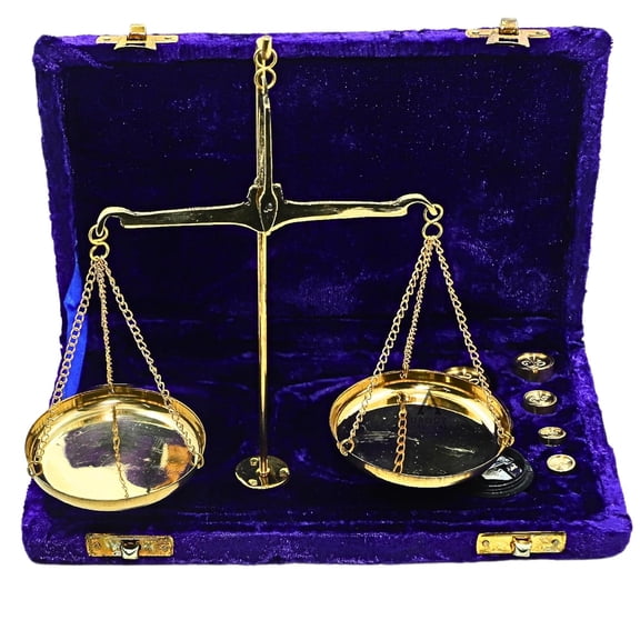 Classic Decorative Justice Scale in Blue Velvet Case - Gold-Plated Brass Balance Scale for Collectors, Vintage Home Decor, or Jewelry Display