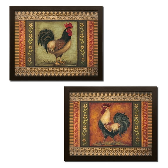 Classic, Decorative Spice Colored Rooster Set; Country Rustic Decor; Two 14x11in Brown Framed Prints, Ready to hang!