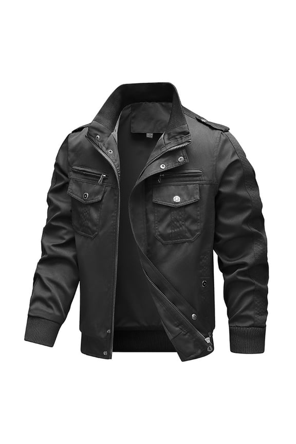 Classic Denim Jacket, Men's Washed Cotton Lightweight Zip Front Stand Collar Military Style with Multiple Pockets, Casual Loose Fit Windbreaker for Autumn