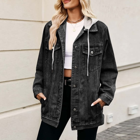 Classic Denim Jacket Women's Detachable Drawstring Hood Denim Jackets Oversized Loose Fitting Button Front Long Sleeve Jean Coat with Pockets Black M