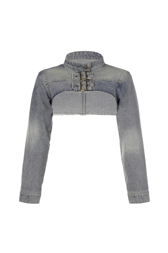 Classic Denim Jacket for Women Distressed Washed Cropped Trucker Coat with Button Front Turtleneck Blue L
