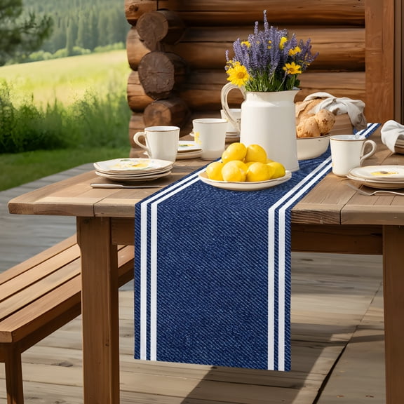 Classic Denim Texture Navy Blue Table Runner 13x36in Non-Slip Cotton Linen Table Runners, Modern Minimalist Stripes Dresser Scarves TableRunner for Dinner Kitchen Dining Wedding Party