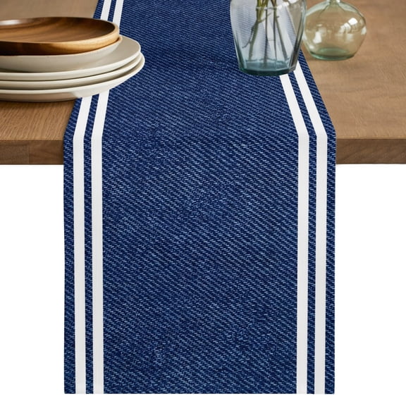 Classic Denim Texture Navy Blue Table Runner 36 Inches Long,Kitchen Dining Tablerunners Modern Minimalist Stripes Linen Table Runners Dresser Scarves for Home Dinner Wedding Holiday Party Decor