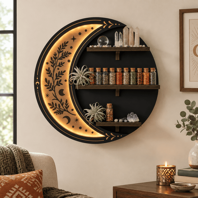 Classic Design (1-Color Light) Floating Crescent Moon Wall Shelves with ...