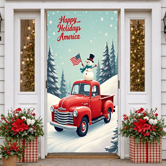 Classic Design Holiday Banner Red Truck America Flag Snowman for Winter Festival Seasonal Party Indoor Decoration