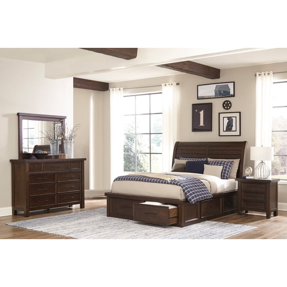 Classic Design Transitional Bedroom 4pc Set Eastern King Size Storage Bed Nightstand Dresser Mirror Brown Finish