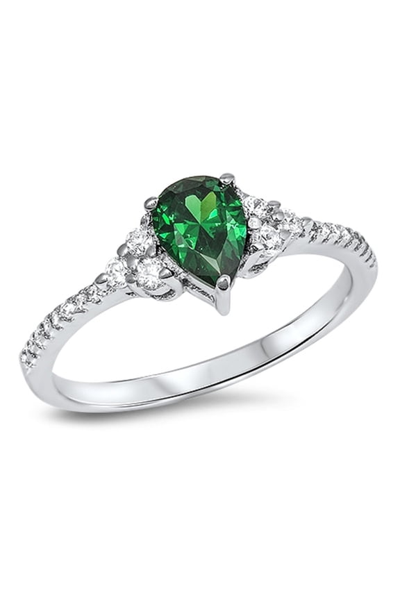 Classic Designer Pear Simulated Emerald Cubic Zirconia Ring Sterling Silver 925