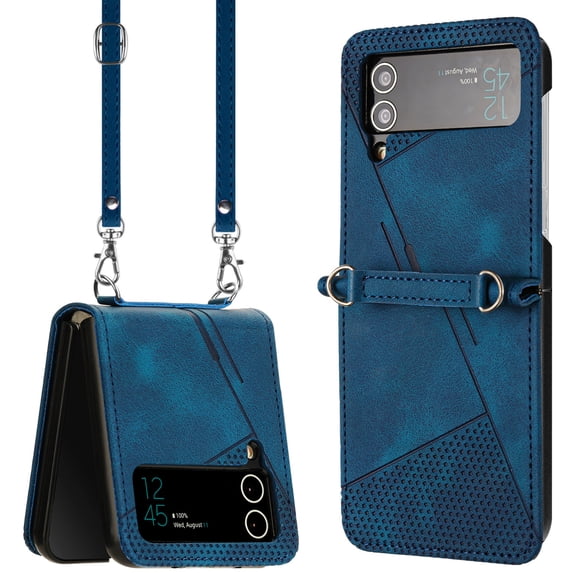 Classic Detachable Adjustable Crossbody Strap Phone Case for Samsung Galaxy Z Flip 3 5G, Embossed PU Leather Phone Case Cover Shockproof Protective for Samsung Galaxy Z Flip 3 - Blue