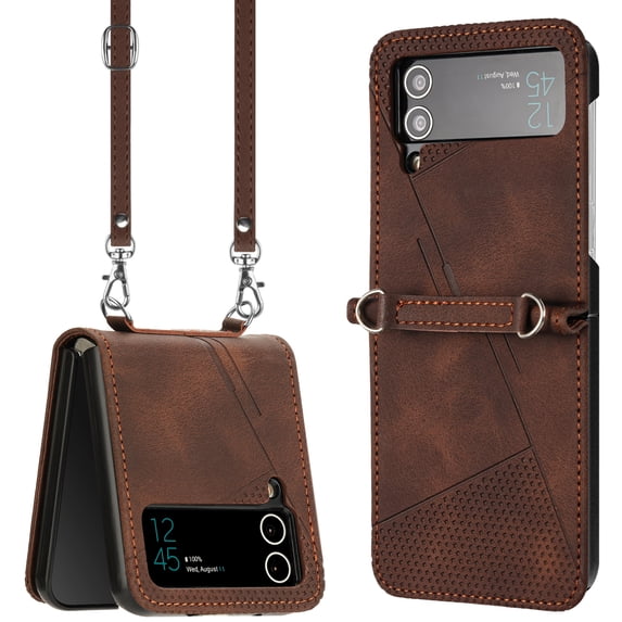 Classic Detachable Adjustable Crossbody Strap Phone Case for Samsung Galaxy Z Flip 3 5G, Embossed PU Leather Phone Case Cover Shockproof Protective for Samsung Galaxy Z Flip 3 - Brown