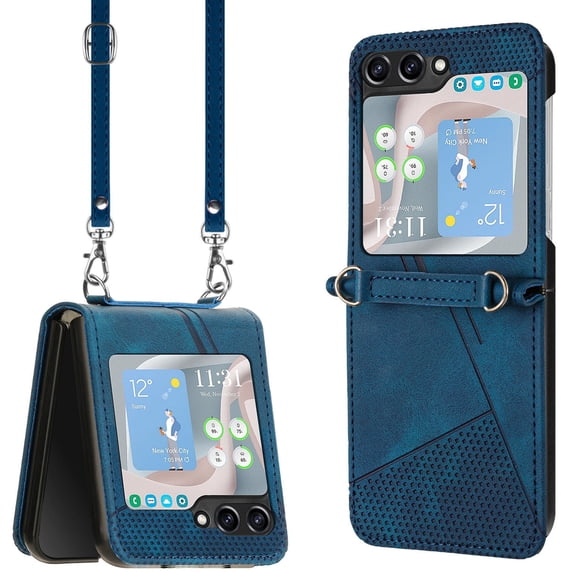 Classic Detachable Adjustable Crossbody Strap Phone Case for Samsung Galaxy Z Flip 5 5G, Embossed PU Leather Phone Case Cover Shockproof Protective for Samsung Galaxy Z Flip 5 - Blue