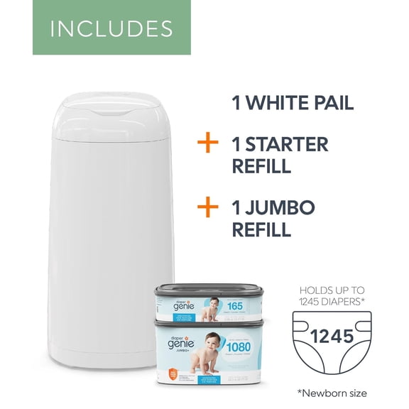 Classic Diaper Pail Gift Set | Push-N-Lock Odor Control | Includes Starter Refill and Jumbo+ Refill | Holds up to 1,245 Newborn Diapers | Baby Registry Must-Have