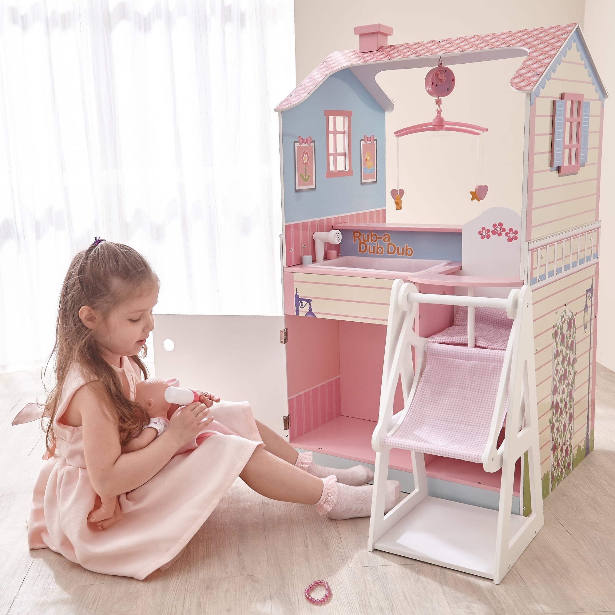 Classic Double-Sided Baby Doll Nursery Station Dollhouse Combo with Baby Doll Swing Chair, Pink/Beige