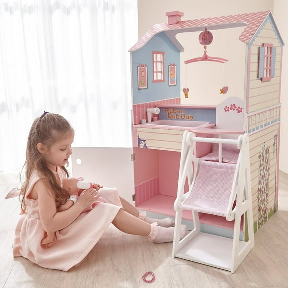 Classic Double-Sided Baby Doll Nursery Station Dollhouse Combo with Baby Doll Swing Chair, Pink/Beige