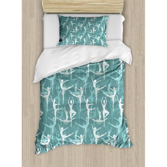 Classic Duvet Cover Set Twin Size, Dancing Silhouette of Ballerinas Woman Body Performing Dancers Modern Art Deco, Decorative 2 Piece Bedding Set with 1 Pillow Sham, Teal Seafoam, by Ambesonne