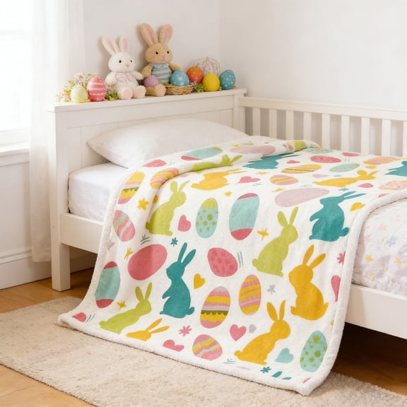 Classic Easter Egg Bunny Flannel Blanket, Soft Warm Throw for Couch Bed Sofa, Festive Print Design for Easter Decor, Cozy Blanket for Napping Reading and Holiday Gatherings, B, 1pc