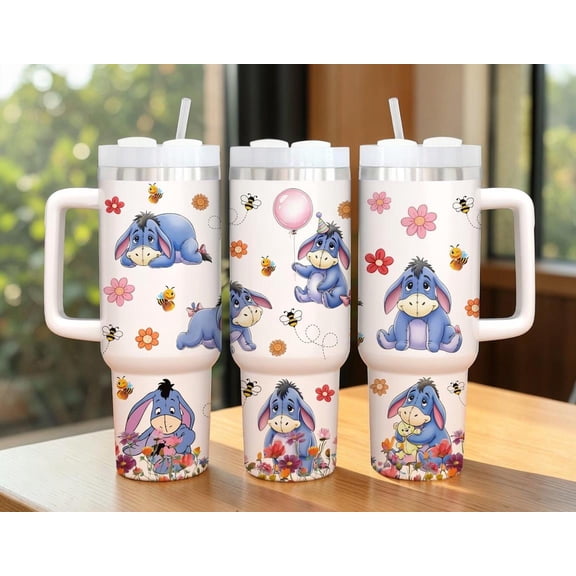 Classic Eeyore 40oz Insulated Tumbler with Handle Whimsical Hundred Acre Wood Floral Drinkware Cute Blue Donkey Travel Mug Heartwarming Disney Gift for Her