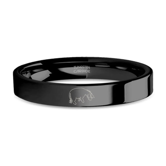 Classic Eeyore Laser Engraved Black Tungsten Carbide Wedding Band, 4mm, Size 5.5