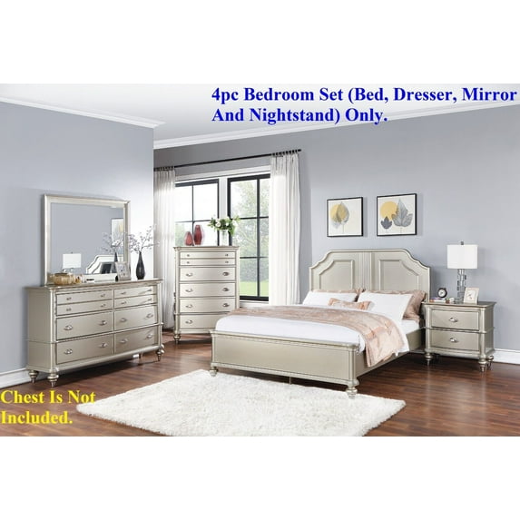 Classic Elegant 4pc Bedroom Set Satin Finished Silver Eastern King Size Bed Dresser Mirror Nightstand Furniture