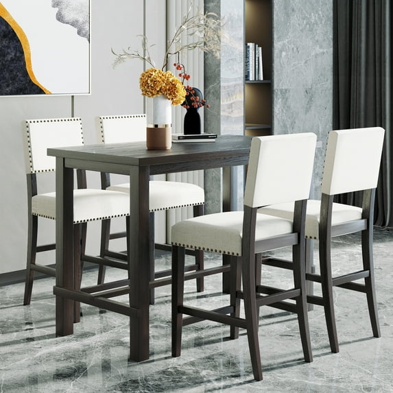 Classic Elegant Kitchen Dining Furniture , Soft Backrest 5-Piece Counter Height Dining Set, Wooden Rectangular Dining Table and 4 Upholstered Chairs Dining Set , Espresso Frame with Beige Cushion