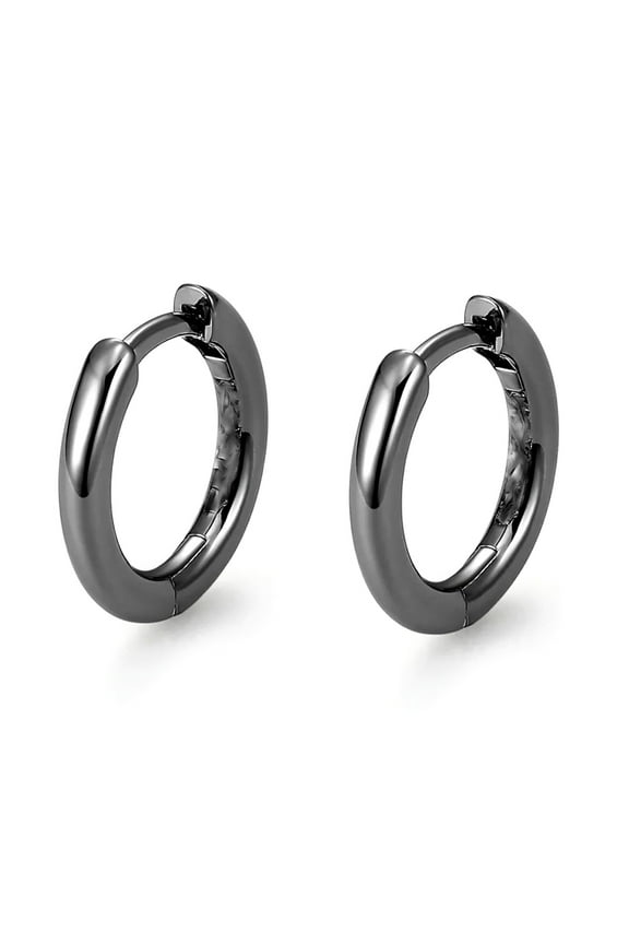 Classic Elegant Pure Solid 925 Sterling Silver Black Plated Small 14mm Thin Hoops Earrings Unisex Trendy Cool Men Women Hypoallergenic Huggie Hoop Earrings