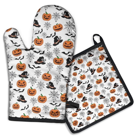 Classic Elements Halloween Pattern Kitchen Oven Mitt and Pot Holder Sets 2 Pcs for Baking, Cooking and Grilling, Heat Resistant Up To 392 °F