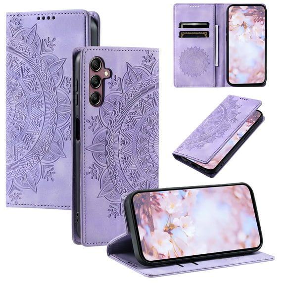 Classic Embossed Totem Wallet Case for Samsung Galaxy S25 - Durable Shockproof PU Leather, Built-in Kickstand, Card Holder, Magnetic Clasp Flip Folio Purse Cover for Galaxy S25 - Purple