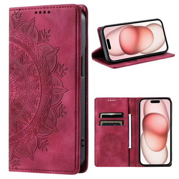 Classic Embossed Totem Wallet Case for iPhone 12 Pro Max - Durable Shockproof PU Leather, Built-in Kickstand, Card Holder, Magnetic Clasp Flip Folio Purse Cover for iPhone 12 Pro Max - Red