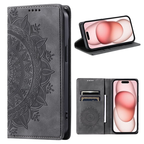 Classic Embossed Totem Wallet Case for iPhone 12 Pro / iPhone 12 6.1" - Durable Shockproof PU Leather, Built-in Kickstand, Card Holder, Magnetic Clasp Flip Folio Purse Cover - Grey