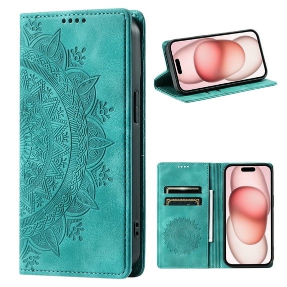 Classic Embossed Totem Wallet Case for iPhone 14 - Durable Shockproof PU Leather, Built-in Kickstand, Card Holder, Magnetic Clasp Flip Folio Purse Cover for iPhone 14 - Green