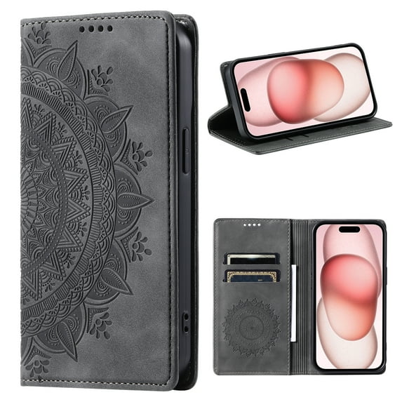 Classic Embossed Totem Wallet Case for iPhone 15 - Durable Shockproof PU Leather, Built-in Kickstand, Card Holder, Magnetic Clasp Flip Folio Purse Cover for iPhone 15 - Grey