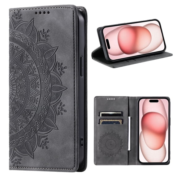 Classic Embossed Totem Wallet Case for iPhone 15 - Durable Shockproof PU Leather, Built-in Kickstand, Card Holder, Magnetic Clasp Flip Folio Purse Cover for iPhone 15 - Grey