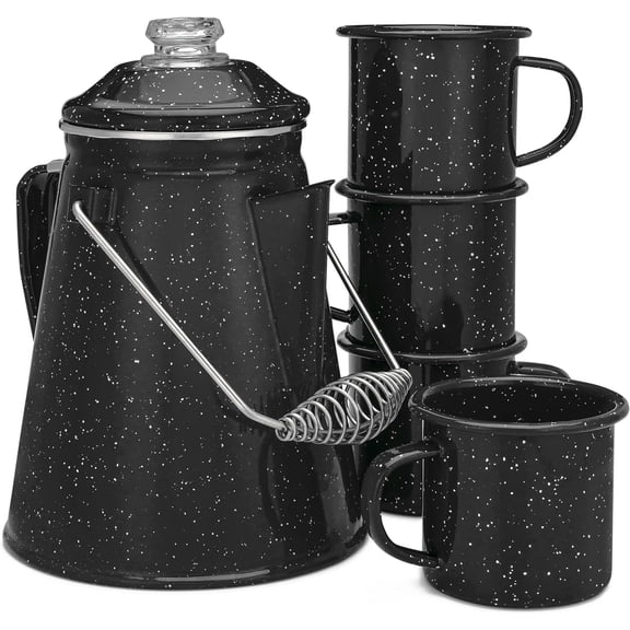 Classic Enamel Camping Coffee Percolator Set with 4 Enamel Mugs, 12 Cup Stove Safe Outdoor Coffee Pot Kit for Backpacking, RV, Picnic & Wilderness Trips