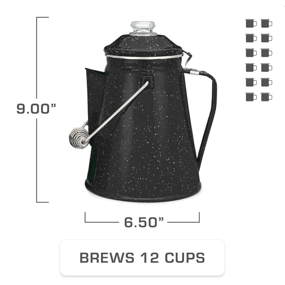 Classic Enamel Set Coffee Percolator & Mugs - Black Enamel, 12 Cup Percolator Coffee Pot & Set of 4 Mugs