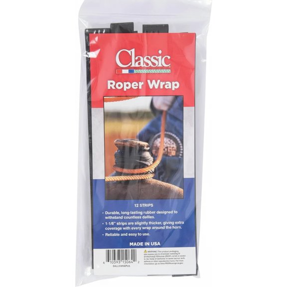 Classic Equine Roper Dally Wraps - 1-1/8 Inch Wide Cushion Grip Rubber, Black, 12 Pack
