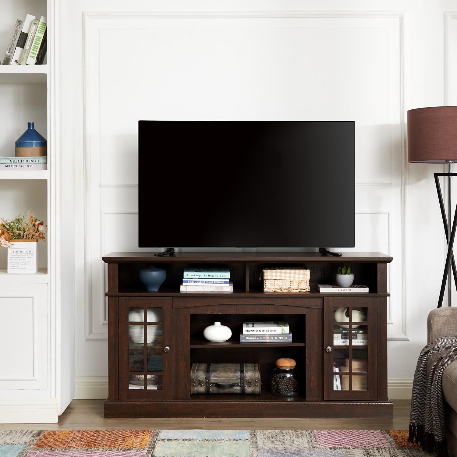 Classic Espresso TV Media Stand for 65 Inch TVs, Entertainment Center with Glass Door Cabinets, 3 Adjustable Shelves, and 5 Cable Management Cutouts, 58.25 Inch Wide