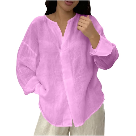 Classic Essential Button Down – Women's Long Sleeve V Neck Top, Solid Color Casual Woven Blouse in Regular Fit for Versatile Layering and Workwear