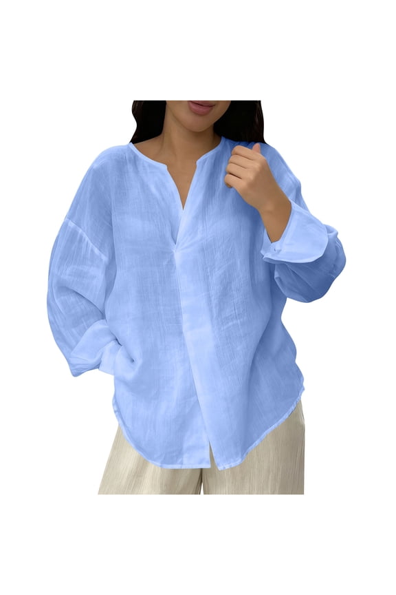 Classic Essential Button Down – Women's Long Sleeve V Neck Top, Solid Color Casual Woven Blouse in Regular Fit for Versatile Layering and Workwear