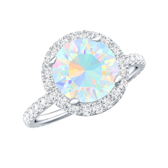 Rosec Jewels Classic Ethiopian Opal Engagement Ring with Halo (2 Carat, AAA Quality) - Opal Statement Ring with Moissanite, 14K White Gold, US 13.00