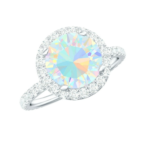Rosec Jewels Classic Ethiopian Opal Ring with Moissanite Halo (8 mm) - Engagement Ring, 925 Sterling Silver, US 11.50